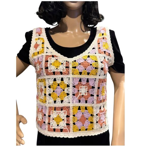 Crochet Knit Cropped Tank Boho Hippie Granny Squares Rebellion Again size XS - Picture 6 of 10
